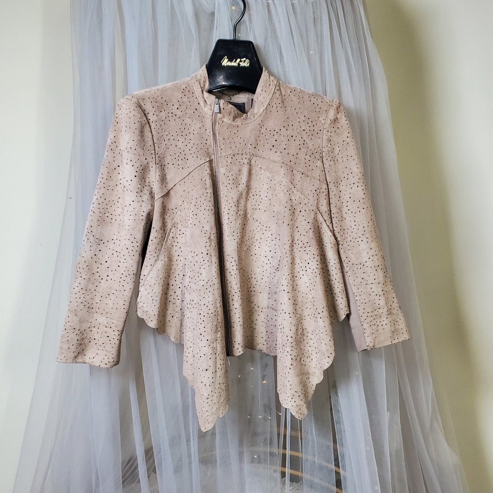 Bcbgmaxazria Bohemian Jacket Mocha Draped Full Zip Perforated Biker Fairy Size S - Picture 2 of 7